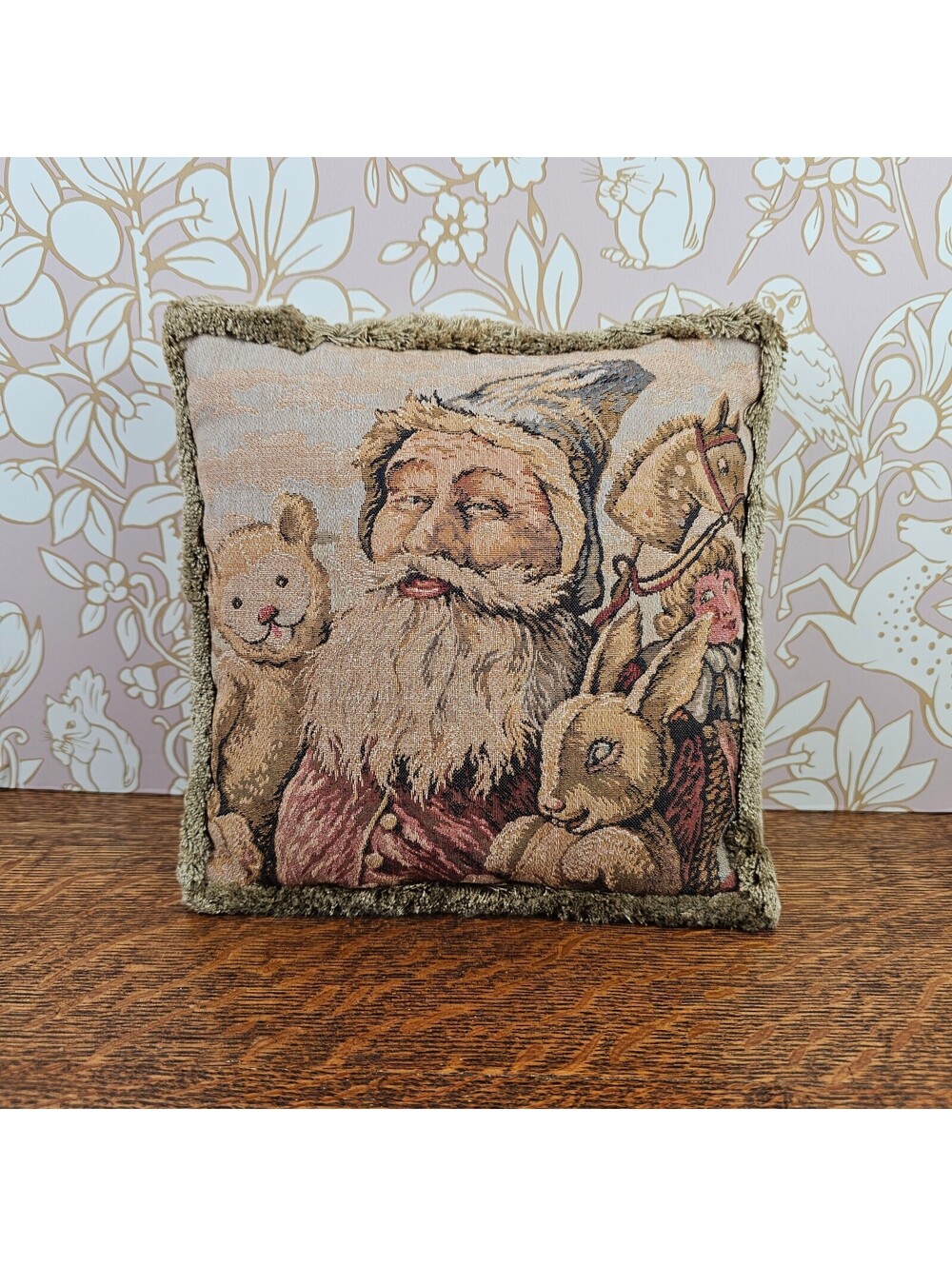 Vintage Old World Santa Tapestry Pillow Bunny Teddy Bear Horse Christmas